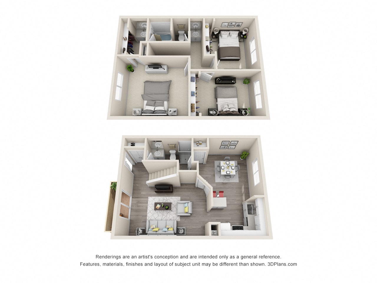Floor plan for 3 beds, 2.5 baths, 1288 sqft